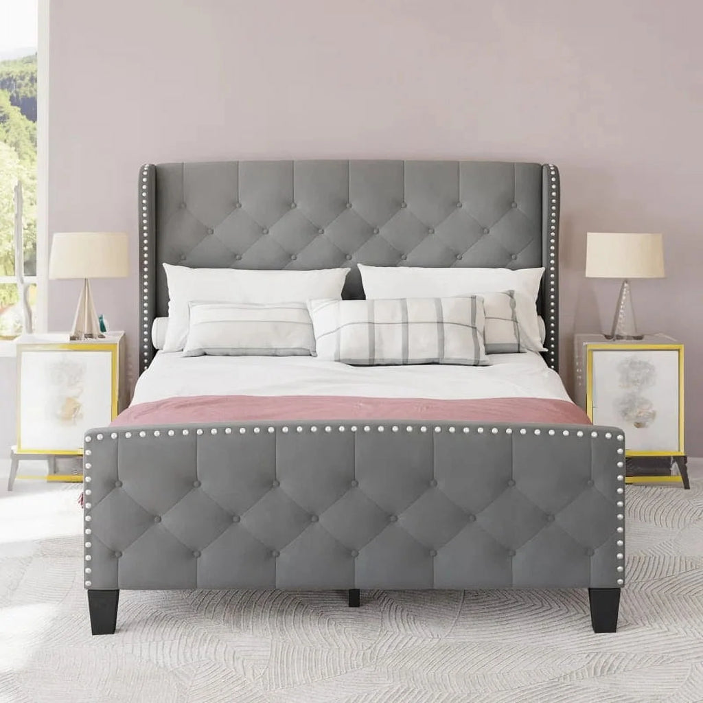 Grey Velvet Queen Size Upholstered Bed Frame Q276