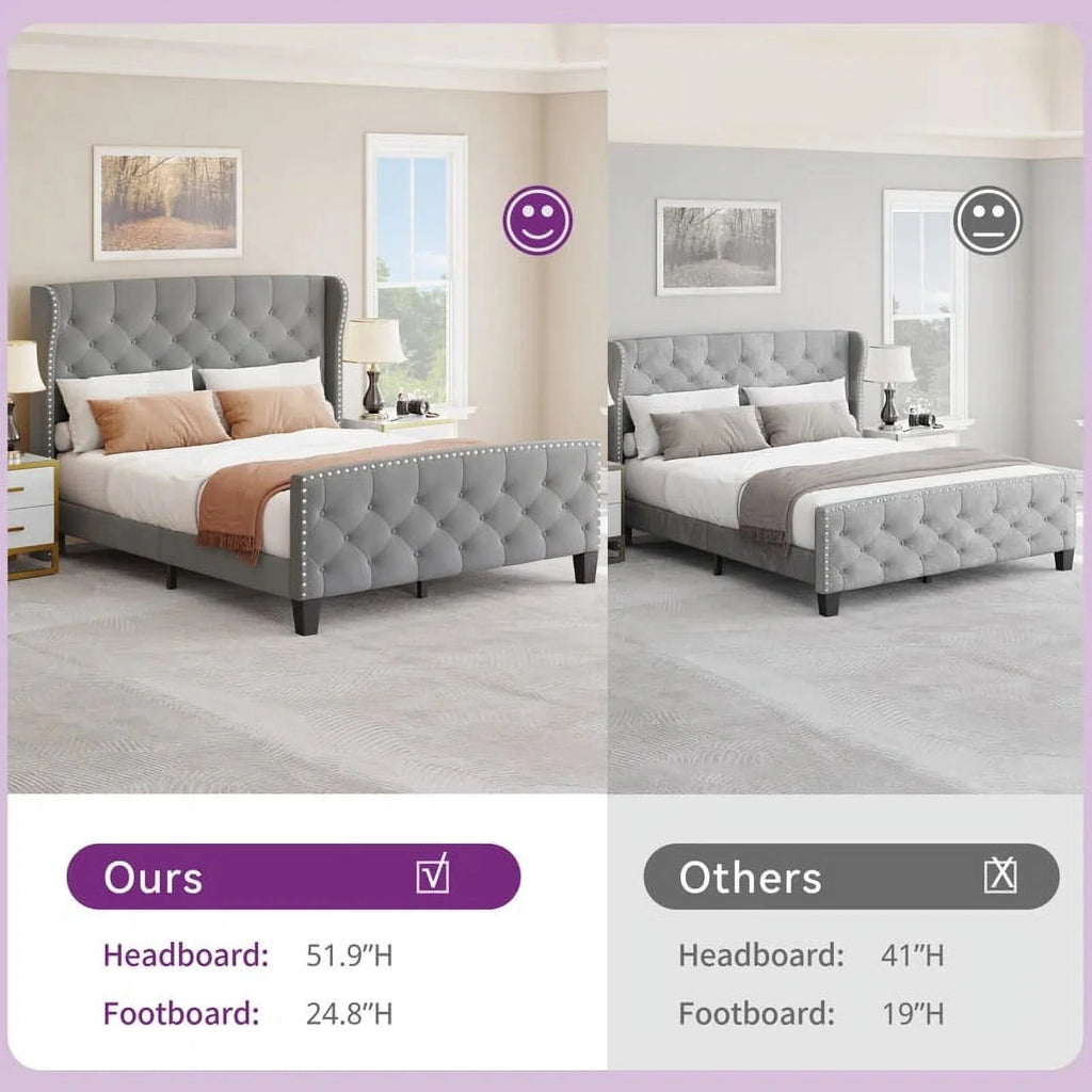 Grey Velvet Queen Size Upholstered Bed Frame Q276
