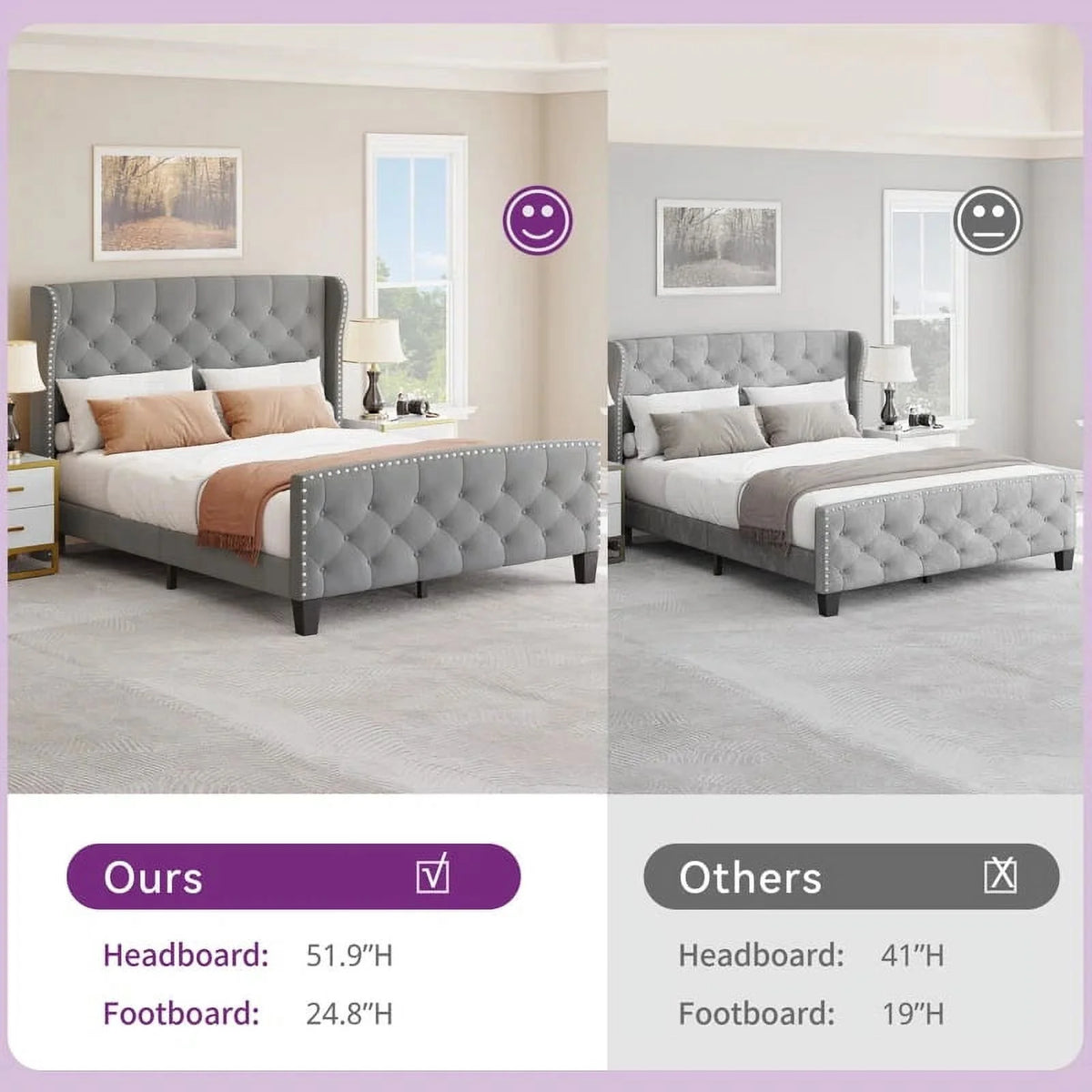 Grey Velvet Queen Size Upholstered Bed Frame Q276