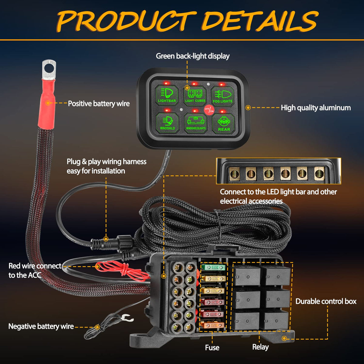 6 Gang Switch Panel Automatic Dimmable LED Car Switch Button Touch Switch Box S6034