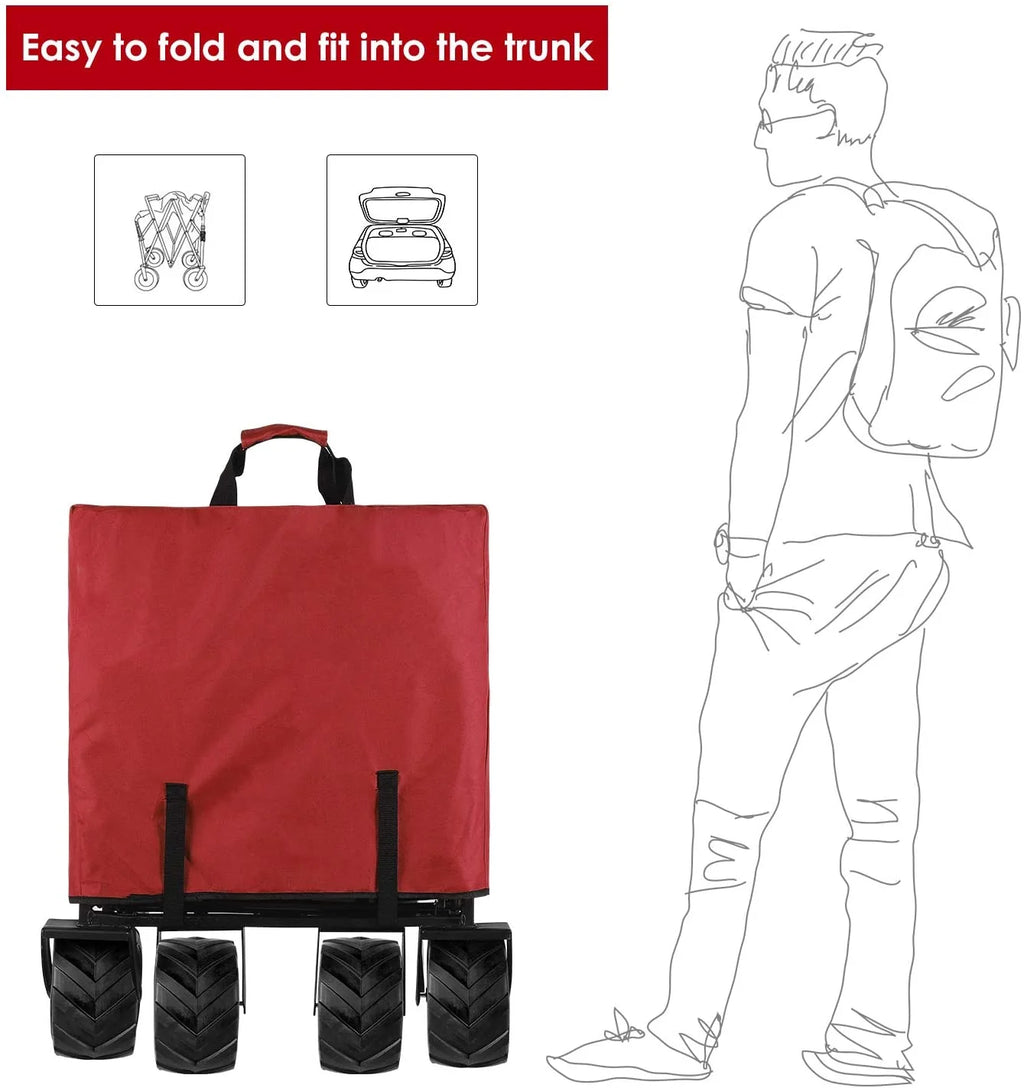Red Heavy Duty Folding Utility Wagon Cart with All-Terrain Wheels and Carrying Bag S120114