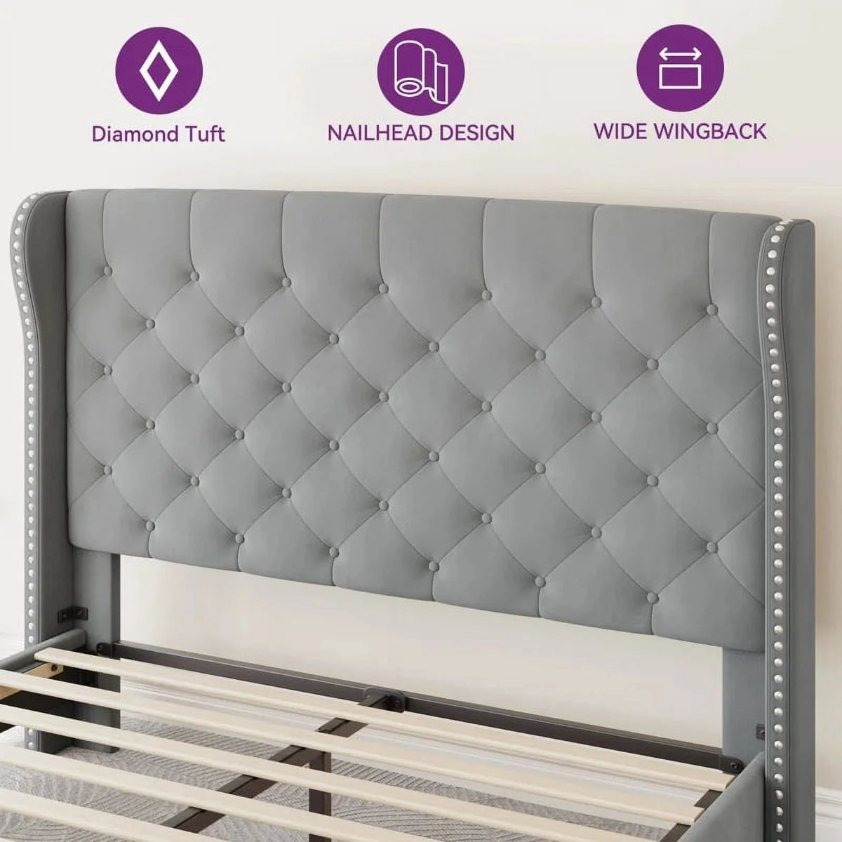 Grey Velvet Queen Size Upholstered Bed Frame Q276