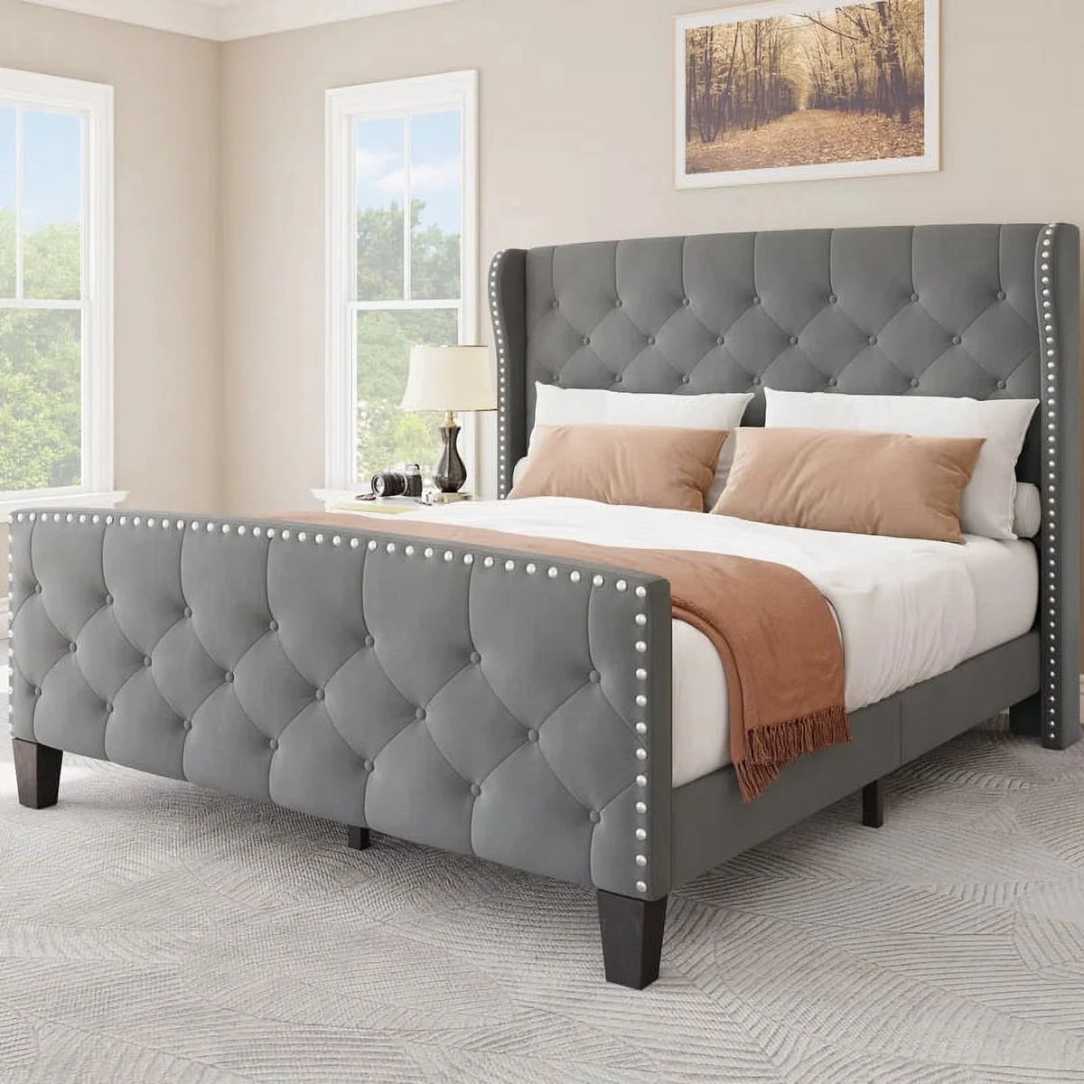 Grey Velvet Queen Size Upholstered Bed Frame Q276
