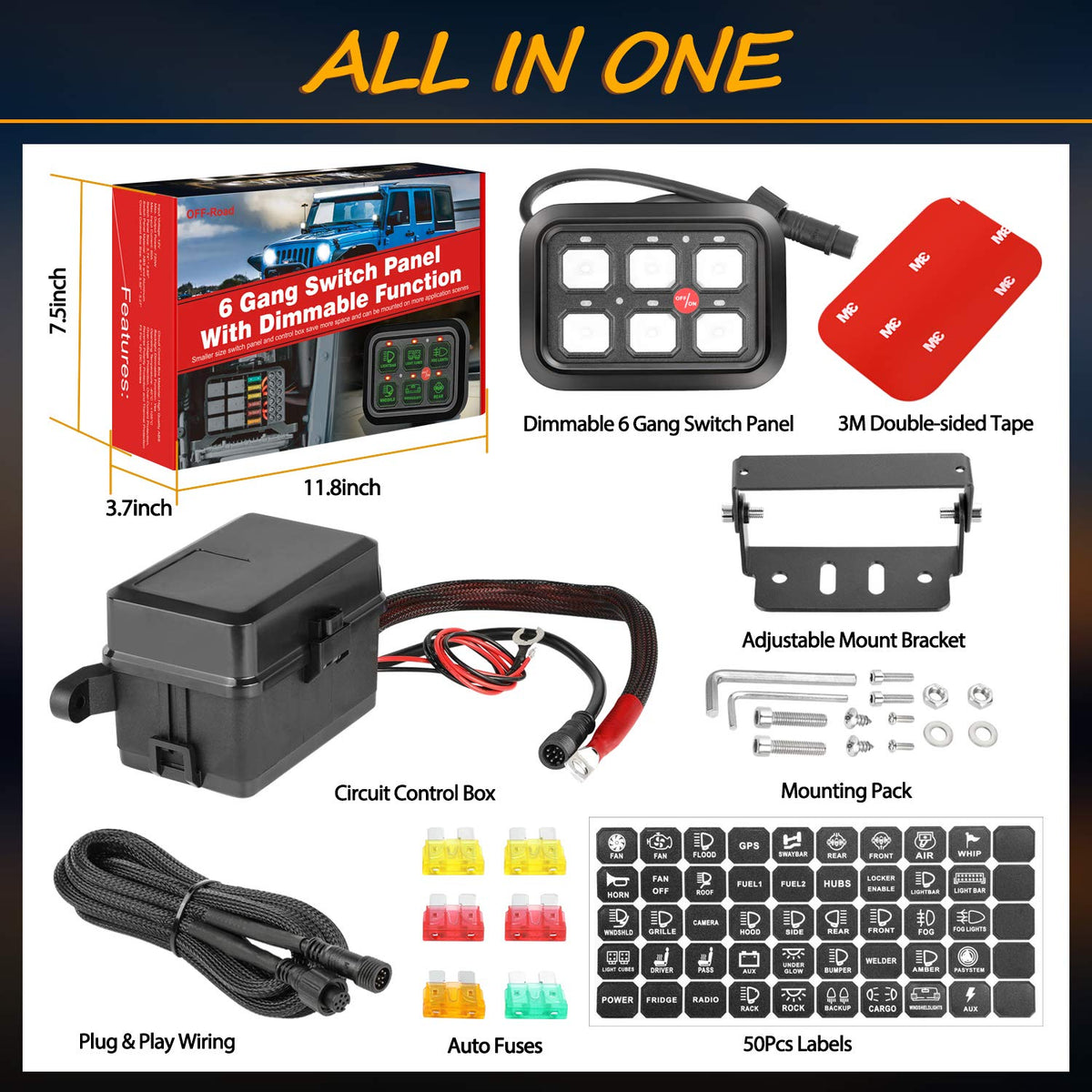 6 Gang Switch Panel Automatic Dimmable LED Car Switch Button Touch Switch Box S6034